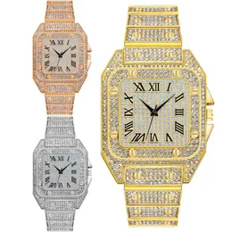 Hip Hop Men's Golden Watches Luxury Rhinestone Roma Dial Square Quartz Watch for Men Stainless Steel Wristwatches
