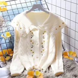 Kvinnor S stickor Tees Vintage Winter Sweater Harajuku Women Cardigan Flowers Brodery Short Section Peter Pan Collar Coat Casual Streetwear Tops 221206