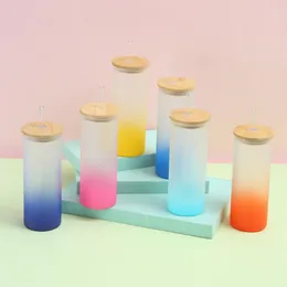 Xícaras picadas de verão textura arco -íris de textura de vidro de vidro moda com copo de água com bambu tampa de palha suco de bebida gabinete de presente