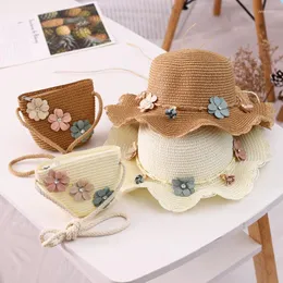 Berets Est Holiday Child Girl Straw Hat And Bag 2pcs A Set Floral Sun Baby Beach Floppy Panama Casquette Gorros Shoulder Bags