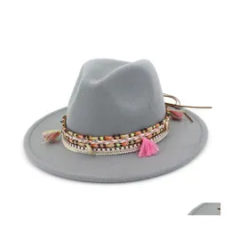 Breda grimhattar hink hattar mode unisex bred grim ull filt fedora hattar med etnisk flätad band jazz cap retro panama stil f dhduf