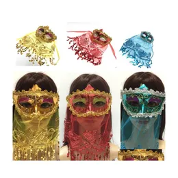 Party Masks Children Annual Party Halloween Christmas Mask Belly Dance Masquerade ADT Get Together Indian Style med Veil Gold Powde DHD6V