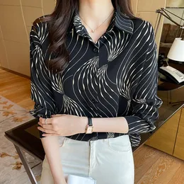 Women's Blouses Chiffon Shirt For Women Summer 2022 In Stripes Print Long Sleeve Fashion Loose Korean Top Tum-down Collar Casual