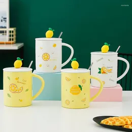 Mugs 401-500ml Cute Kawaii Fruit Cup Ins Ceramic Student Korean Style Cartoon Mug With Lid Spoon Milk Water Coffe Tea Home