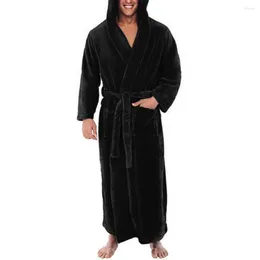 Herren-Nachtwäsche, langärmelig, Taschengürtel, Herren-Bademantel, Winter, warm, mit Kapuze, Fleece, Heimkleid