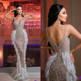 Elegant Prom Dresses Mermaid Pearl Shoulder Strap Sleeveless Slim Dress with Applicant and Big Pearls Feather Floor Length Custom Made Evening Dress Plus Size Robes