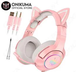 ヘッドセットonikuma K9ゲームヘッドセットカスクかわいい女の子ピンク猫耳ステレオヘッドフォンラップトップコンピューターゲーマーのマイクLEDライト付き