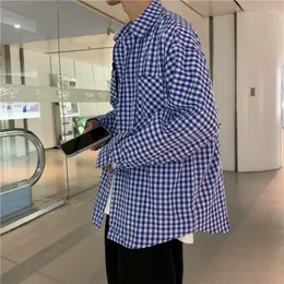 メンズドレスシャツ高品質の春と夏の格子縞のシャツメンズ長袖韓国汎用コートカジュアルカップルトレンド学生