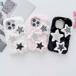 Bling Star Starry Diamond Phone Cases para Iphone 15 14 Pro Max 13 12 11 XR XS X 8 7 Plus Iphone15 Soft TPU Fashion Fluffy Fur Genuine Rabbit Hair Bow Phone Back Cover Skin