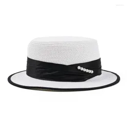 Berets Womens Summer Beach 1940s Vintage Hats Elegant White Straw Hat Round 2022 Top Flat Short Brim Pearl Wholesale