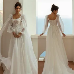 Elegante A-Linie Brautkleider, quadratischer Ausschnitt, Perlenapplikationen, Spitze, Brautkleider, nach Maß, lange Ärmel, Sweep-Zug, Robe de Mariage