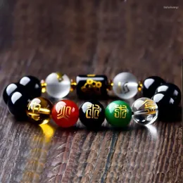 Strand Five Elements Lucky Obsidian Bracelet Runes Energy Couple Feng Shui For Women Or Men