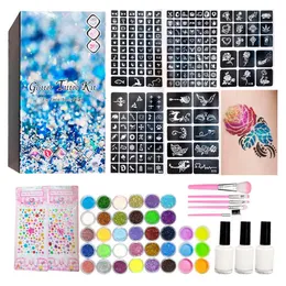 Temporary Tattoos Glitter Tattoo Kits 200 Templates Diamond Flash Temporary Tattoo Kits With Brushes Kids Adult Face Body Painting Art Tools Set 221208