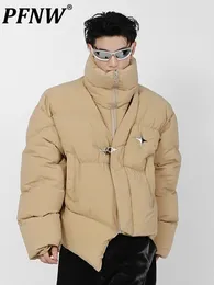 メンズダウンパーカスPFNW不規則なパッド入りコットンコートメタルデザイン厚い固体色のハイネックジッパー韓国ファッション男性ジャケット221207