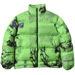 Herrarna ner parkas green hiphop män parka kappa trendiga graffiti tryck överdimensionerad baggy coat förtjockar puffer jacka man varumärke 221208