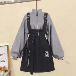 カジュアルドレス女性ドレスY2K服ストラップベルトチェーンルーズスウェットシャツセット韓国ローブフェム