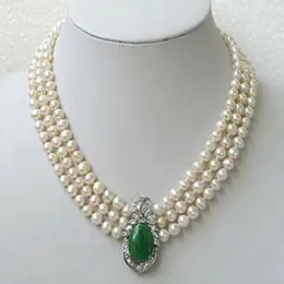 Fashion Jewelry Genuine 3Rows 7-8mm White Pearl Emerald Green Jade Pendant Necklace 17-19"