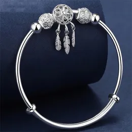 Charm Bracelets Adjustable size 925 Silver Color Bangle cuff Dreamcatcher Tassel Feather Round Bead Charm Bracelet jewelry For Women wedding GC1854