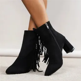 Western Cowboy Tassel Fringes Boots For Women 2022 Slip On Square Heels Cowgirl Women's Winter Ankle Shoes Zipper High Heel Boot