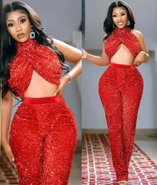 Size 2023 Plus Arabic Aso Ebi Red Sequined Jumpsuits Prom Dresses High Neck Backless Evening Formal Party Second Reception Bridesmaid Gowns Dress
