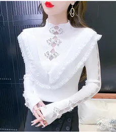 Women's stand collar cheongsam buttons patched ruffles knitted sweater top SMLXL