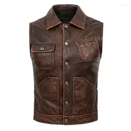 Men's Vests Vintage Worn Leather Coat Genuine Jacket Men's Slim Short Vest Heavy Motorcycle Lapel