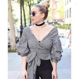 Women's Blouses Sexy Off Shoulder Women Shirt Puff Sleeve Deep V-Neck With Sash Lady Plaid Summer Strappy Sashes Short Top