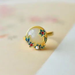 Anillos de clúster 925 abertura de oro con incrustaciones imitadas kan jade magnolia flor pintada anillo ajustable elegante para mujeres regalo de joyería
