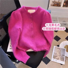 Cappotto maglione lavorato a maglia in lana mohair color pitaya da donna o-collo SMLXL