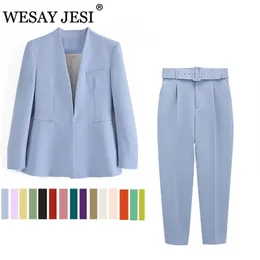 Kvinnors tvåbitar byxor Wesay Jesi Fashion Blazer Office Suit Pantsuit Simple Solid Color Collar Long Sleeve Trousers 2 Set 221207