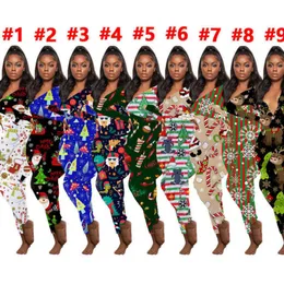 Kvinnor Jumpsuits Slim Sexy Home Wear Christmas Pyjamas tryckt V-ringning Långärmad byxor damer Nya snäva rompers 9 färger
