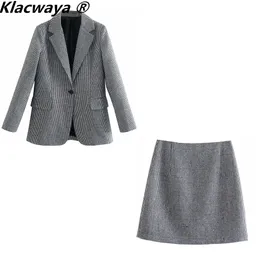 Two Piece Dress Klacwaya Women Fashion Two-Piece Set Vintage Single Button Long Sleeve Checkered Blazer Female High Waist A-Line Skirt Suit 221207