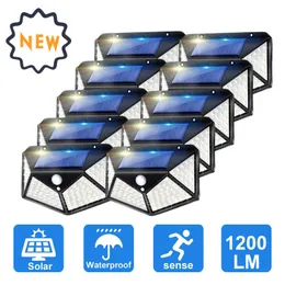 정원 장식 EST 태양 광 야외 100 LED 센서 모션 라이트 3 모드 무선 램프 IP65 방수 벽 221208