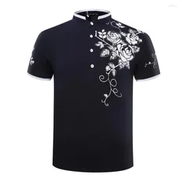 Men's Polos Nice Summer Men Polo Shirt Short-sleeve Fashion Rose Floral Print Slim Stand Collar Business Leisure Tops