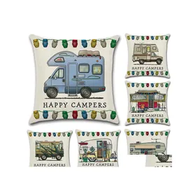 Pillow Case Happy Campers Pillow Case 45X45Cm Touring Car Pillowcase Throw Linen Cushion Er Home Cafe Office Decor Gift Wy1437 Drop Dhrih