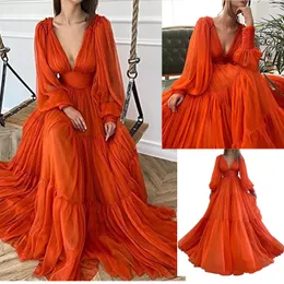Long Puffy Sleeves Prom Dress V Neck A-Line Ball Gown Tulle Formal Evening Gowns Plus Size Arabic Aso Ebi Stylish Party Princess Formal