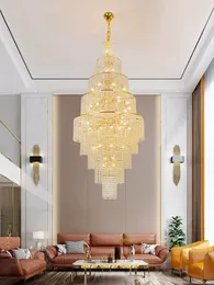 Lámparas de araña de cristal largas modernas, lámpara LED de lujo americana, lámpara colgante europea brillante para el hogar, Villa, hotel, escalera, vestíbulo, salón, lámpara colgante