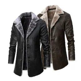 Winter Fleece Plush PU Trench Coats Fashion Business Casual Middle Long Suit Collar Men's Windbreaker Leather Jacket