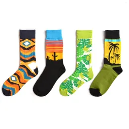 Meias masculinas Men Sock Street Cartoon Folhas Flor Father Tree Diamond Lattice Colorful Happy Funnic Male Ventilação Algodão Skate Outono