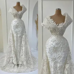 2023 Gorgeous Mermaid Wedding Dresses Bridal Gown Lace Applique Pearls Beaded Overskirt Sweep Train Custom Made Beach Country Plus Size vestido de novia
