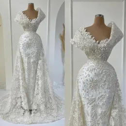 2023 Lindos vestidos de noiva Mermaid Vestidos de noiva Apliques Apliques de pérolas de miçangas Trem de varredura de saia personalizada Country de praia Made Plus Size