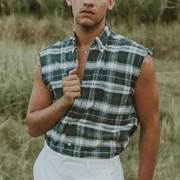 Mäns casual skjortor män över våren sommar ärmlös kontrollera tryckt lapel nödställda smala passform vintage en breasted modetank skjorta