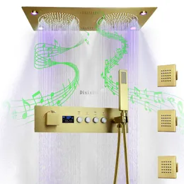 Cabeça de chuveiro led com som musical, 4 funções, display digital, válvula termostática, misturador de chuveiro, conjunto de chuveiro duplo
