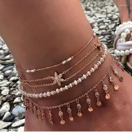 anklets 4pcs/set bohemia alyoy crystal flower gold chain for fashion beaded metal sequinpendant ankle anletsフットジュエリー
