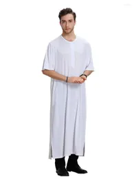 Etnik Giysiler Düz Renk Erkekler Müslüman İslami Kaftan Kısa Kol o Boyun Jubba THOBE DUBAI SAUDI Arabistan Abaya Kıyafetleri