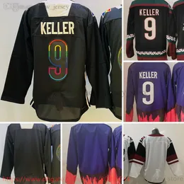فيلم College College Ice Hockey يرتدي الفانيلة خياطة 9Claytonkeller أرجواني عكسي Retro Black Red Men Jersey