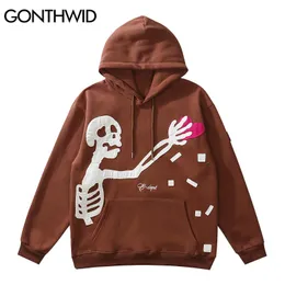 Moletons masculinos moletom Gonthwid Hip Hop Streetwear Hoodie Moletom Esqueleto Patch Fleece Com Capuz Mens Harajuku Inverno Algodão Pulôver Marrom 221208