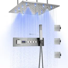 バスルーム4機能天井マウントサーモスタットLEDシャワーヘッド蛇口セットLEDデジタルディスプレイ付き16インチレインミスティキットセット