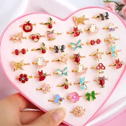 10/20/36 pcs Cute Finger Rings Enamel Open Adjustable Wholesale Colorful Heart Flower Animal Pretend Play Makeup Toys Cartoon Crystal Jewelry for kids Girls Gifts