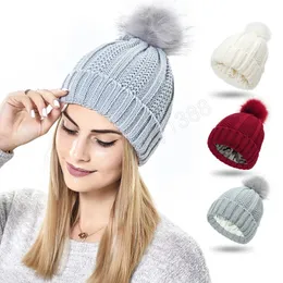 Winter Warm Stretch Satin Lining Knitted Hat Loose Beanie Women Girl Outdoor Cycling Hiking Cap Hat Pompom Ball Bonnet